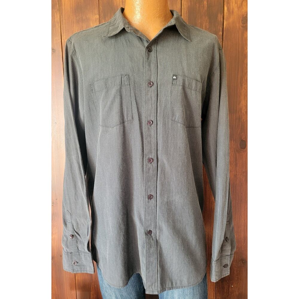 Quiksilver Men L Charcoal Gray Shirt | Surf Skate Streetwear | Classic Button Up